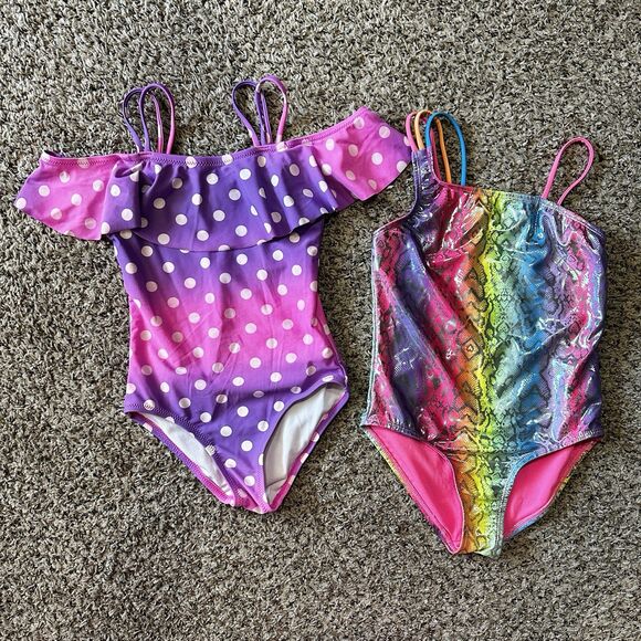 Set of Two Girls One Piece Swimsuits Wonder Nation & Okami Sz 6 Multicolor - Picture 1 of 10